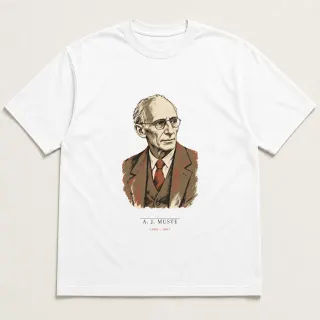 Front of a white tee carrying the wabi sabi A. J. Muste design