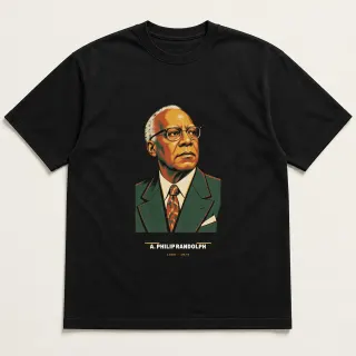 Front of a black tee carrying the mid-century A. Philip Randolph design