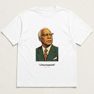 Front of a white tee carrying the mid-century A. Philip Randolph design