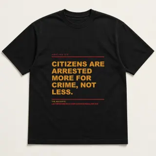 Front of a black tee reading "Citizens are arrested more for crime, not less." with the Abolish ICE page address printed under it