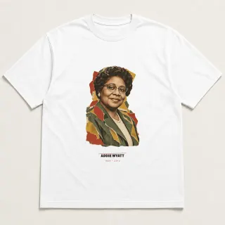 Front of a white tee carrying the scrapbook Addie Wyatt design