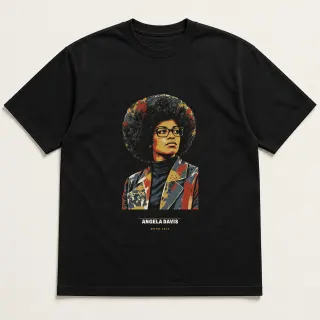 Front of a black tee carrying the mixed media Angela Davis design