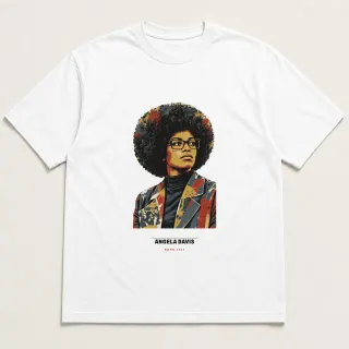 Front of a white tee carrying the mixed media Angela Davis design