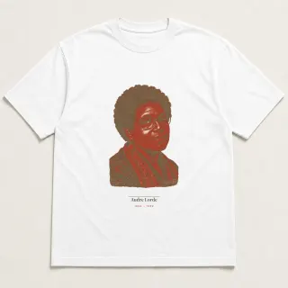 Front of a white tee carrying the light academia Audre Lorde design