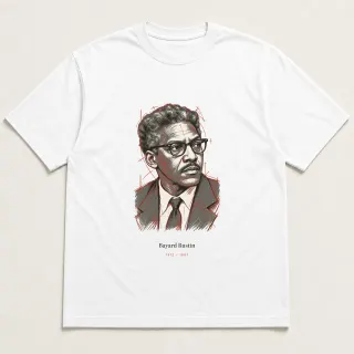 Front of a white tee carrying the conceptual sketch Bayard Rustin design