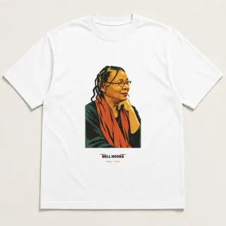 Front of a white tee carrying the mid-century bell hooks design