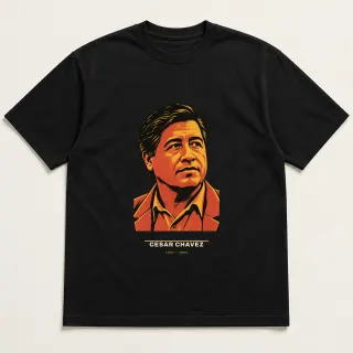 Front of a black tee carrying the civic modern Cesar Chavez design