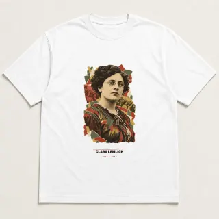 Front of a white tee carrying the scrapbook Clara Lemlich design
