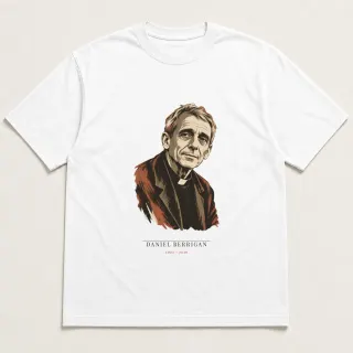 Front of a white tee carrying the wabi sabi Daniel Berrigan design