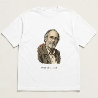 Front of a white tee carrying the wabi sabi David Dellinger design