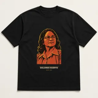 Front of a black tee carrying the civic modern Dolores Huerta design