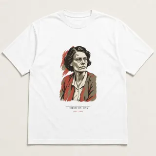 Front of a white tee carrying the wabi sabi Dorothy Day design