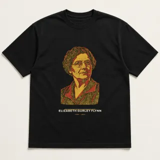 Front of a black tee carrying the civic modern Elizabeth Gurley Flynn design