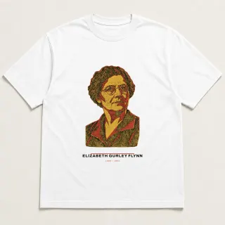 Front of a white tee carrying the civic modern Elizabeth Gurley Flynn design