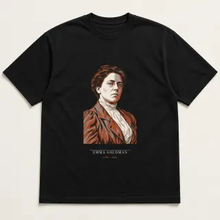Front of a black tee carrying the neoclassical Emma Goldman design