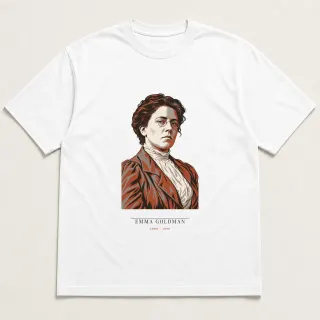 Front of a white tee carrying the neoclassical Emma Goldman design
