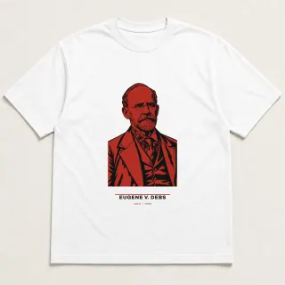 Front of a white tee carrying the utilitarian Eugene V. Debs design