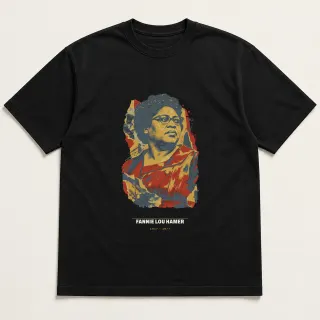 Front of a black tee carrying the mixed media Fannie Lou Hamer design
