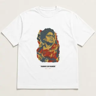 Front of a white tee carrying the mixed media Fannie Lou Hamer design