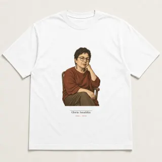 Front of a white tee carrying the light academia Gloria Anzaldúa design