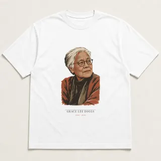 Front of a white tee carrying the wabi sabi Grace Lee Boggs design