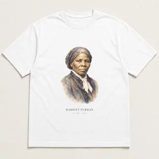 Front of a white tee carrying the ethereal Harriet Tubman design