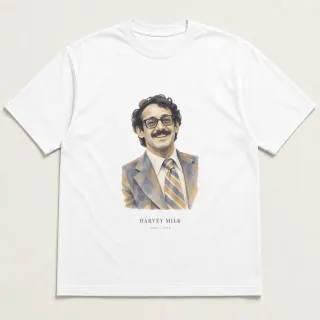 Front of a white tee carrying the ethereal Harvey Milk design