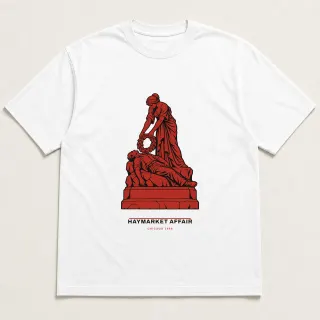 Front of a white tee carrying the utilitarian Haymarket Affair design