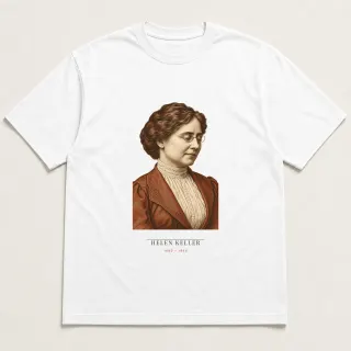 Front of a white tee carrying the lecture marble Helen Keller design