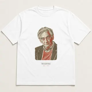 Front of a white tee carrying the light academia Howard Zinn design