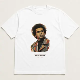 Front of a white tee carrying the archive collage Huey P. Newton design