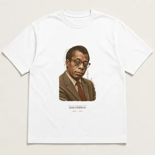 Front of a white tee carrying the light academia James Baldwin design