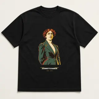 Front of a black tee carrying the mid-century Jeannette Rankin design