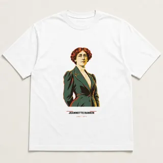 Front of a white tee carrying the mid-century Jeannette Rankin design