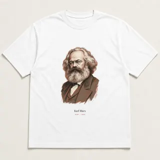 Front of a white tee carrying the conceptual sketch Karl Marx design