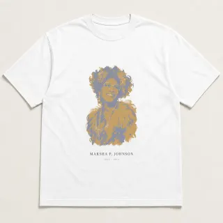 Front of a white tee carrying the ethereal Marsha P. Johnson design