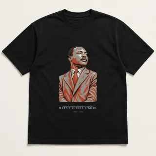 Front of a black tee carrying the neoclassical Martin Luther King Jr. design