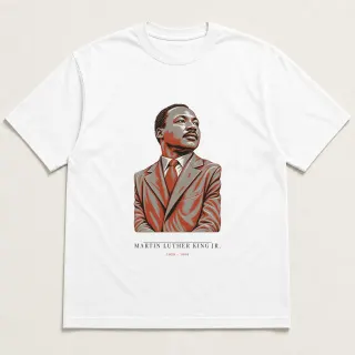 Front of a white tee carrying the neoclassical Martin Luther King Jr. design