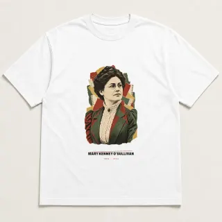 Front of a white tee carrying the scrapbook Mary Kenney O'Sullivan design