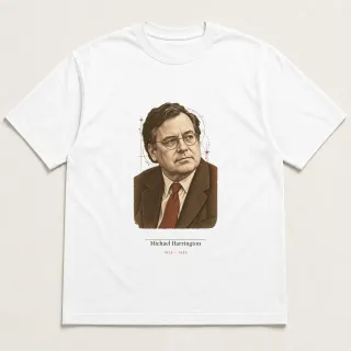 Front of a white tee carrying the light academia Michael Harrington design