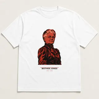 Front of a white tee carrying the utilitarian Mother Jones design