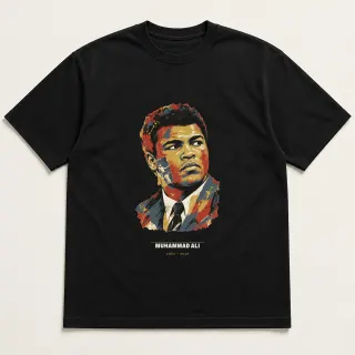 Front of a black tee carrying the mixed media Muhammad Ali design