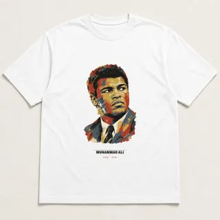 Front of a white tee carrying the mixed media Muhammad Ali design