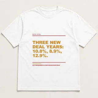 Front of a white tee reading "Three New Deal years: 10.8%, 8.9%, 12.9%." with the New Deal page address printed under it
