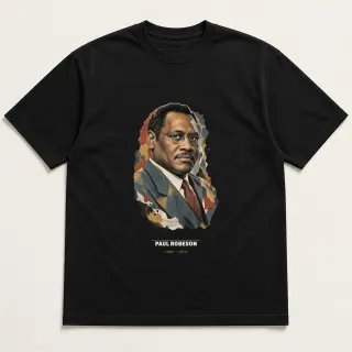 Front of a black tee carrying the mixed media Paul Robeson design