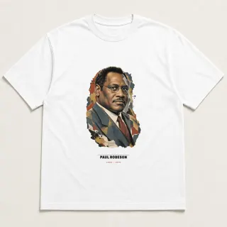 Front of a white tee carrying the mixed media Paul Robeson design