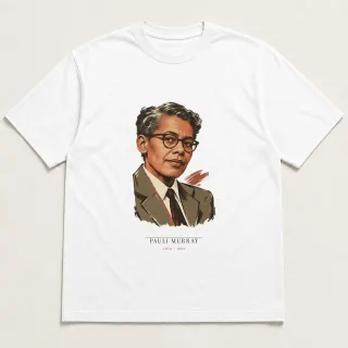 Front of a white tee carrying the wabi sabi Pauli Murray design