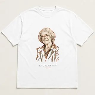 Front of a white tee carrying the neoclassical Pauline Newman design