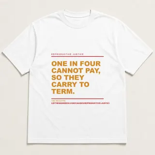 Front of a white tee reading "One in four cannot pay, so they carry to term." with the Reproductive Justice page address printed under it