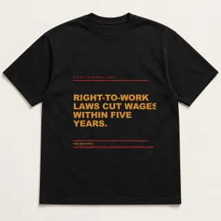 Front of a black tee reading "Right-to-work laws cut wages within five years." with the Right-to-Work Laws page address printed under it